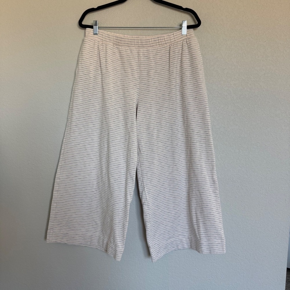 Haven Well Within Womens Large Striped Wide Leg Crop Pants Cream Navy Lounge - Picture 2 of 9